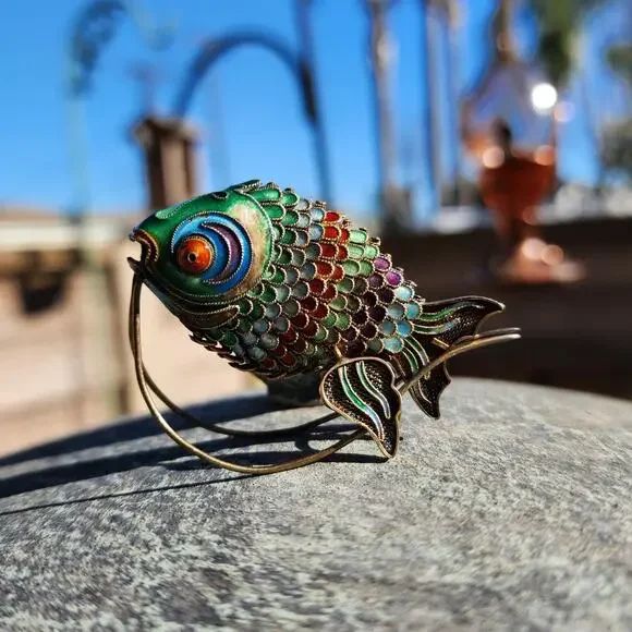 Vtg Old Chinese Export Fish Figurine Sterling Silver Gilt Cloisonne Articulated - Picture 3 of 16